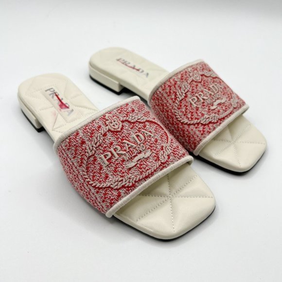 PRADA Logo Jacquard Slide Sandal White and Red Store Display Shoe - Picture 2 of 13